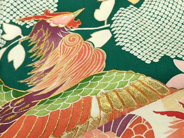 平和屋本店●極上　創業460年・千總　振袖・長襦袢(無双仕立て)セット　駒刺繍　鳳凰桐花文　鉄色地　金彩　逸品　DZAB9986kh6
