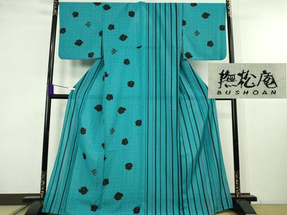 平和屋着物∴極上　撫松庵　セオアルファ　訪問着・浴衣兼用　片身替わり　薔薇　鳥　竹縞　逸品　未使用　DZAC0006kh6