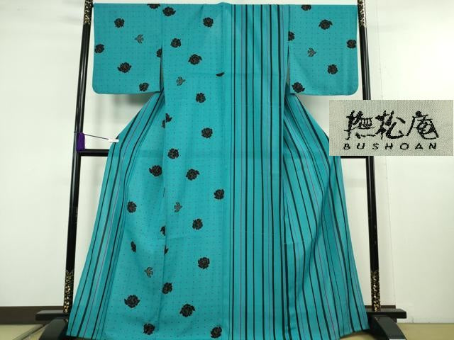 平和屋着物∴極上　撫松庵　セオアルファ　訪問着・浴衣兼用　片身替わり　薔薇　鳥　竹縞　逸品　未使用　DZAC0006kh6