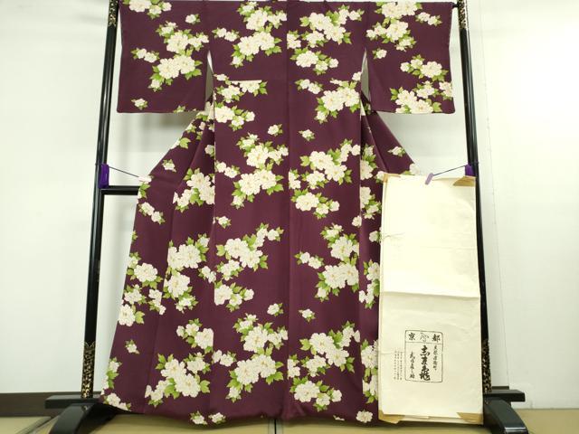 平和屋本店●極上　銀座　志ま亀　小紋　牡丹　紫紺色　縮緬地　たとう紙付き　逸品　DZAC0012kh6