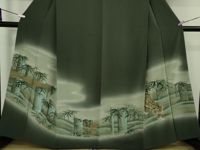 平和屋本店●希少　訪問着　笹竹に虎　手描き　仙斉茶色地　暈し染め　金彩　逸品　DZAC0022kh6