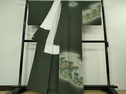 平和屋本店●希少　訪問着　笹竹に虎　手描き　仙斉茶色地　暈し染め　金彩　逸品　DZAC0022kh6