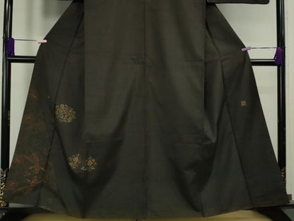 平和屋本店●極上　伝統工芸士　曽根武勇　色留訪問着　お召地　花鳥文　黒紅色地　金糸　逸品　DZAC0047kh6