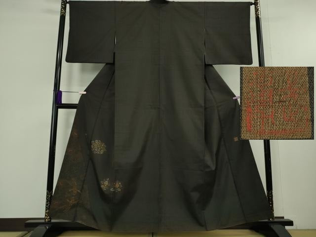 平和屋本店●極上　伝統工芸士　曽根武勇　色留訪問着　お召地　花鳥文　黒紅色地　金糸　逸品　DZAC0047kh6