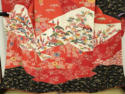 平和屋本店●極上　和染紅型　栗山紅型　栗山吉三郎　振袖　風景花文　逸品　DZAC0075kh6