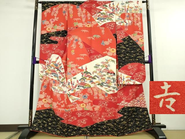 平和屋本店●極上　和染紅型　栗山紅型　栗山吉三郎　振袖　風景花文　逸品　DZAC0075kh6