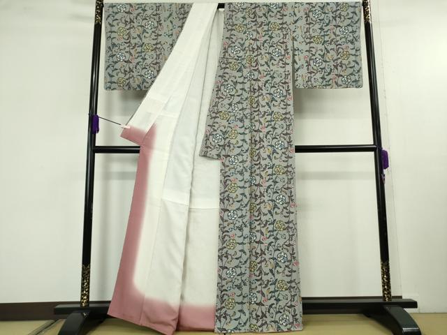 平和屋本店●希少 本場琉球びんがた 沖縄県指定無形文化財保持者 宮城里子 小紋 蔦の葉双鳥文 素鼠色 反端付き　逸品　未使用　DZAC0076kh6