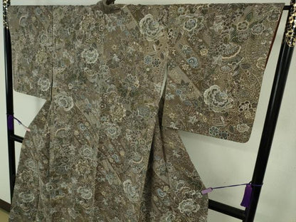 平和屋本店●極上　山岡古都・古都染人　染織美術品　薬墨染　天目織　お召　更紗花文　逸品　DZAC0096kh6