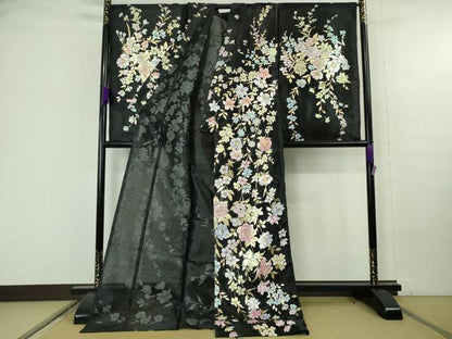 平和屋本店＊極上 夏物 お引きずり・お引き摺り・引き振袖 和装 結婚式 舞妓 芸妓 芸者 衣装 オーガンジー ラメ 黒地 金彩 逸品DZAC0100kh6
