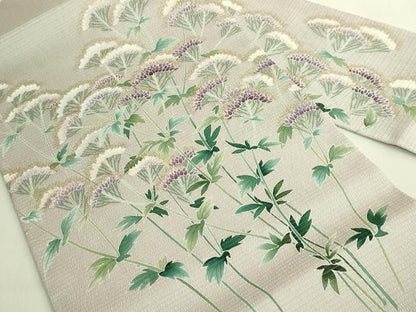 平和屋本店＊極上　夏物　東京友禅　手描き　加納知之　九寸名古屋帯　女郎花　金彩　絽縮緬　薄梅鼠色地　逸品　DZAC0127kh6