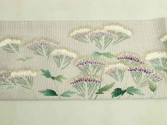 平和屋本店＊極上　夏物　東京友禅　手描き　加納知之　九寸名古屋帯　女郎花　金彩　絽縮緬　薄梅鼠色地　逸品　DZAC0127kh6
