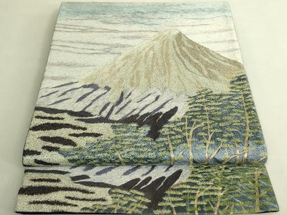 平和屋本店●希少　中国国宝刺繍　乱針刺繍　総刺繍　六通柄袋帯　富士山　逸品　DZAC0135kh6