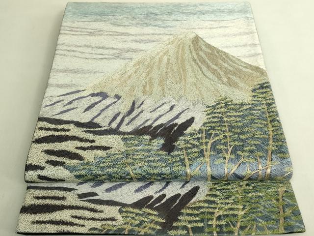 平和屋本店●希少　中国国宝刺繍　乱針刺繍　総刺繍　六通柄袋帯　富士山　逸品　DZAC0135kh6