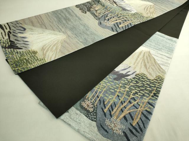 平和屋本店●希少　中国国宝刺繍　乱針刺繍　総刺繍　六通柄袋帯　富士山　逸品　DZAC0135kh6