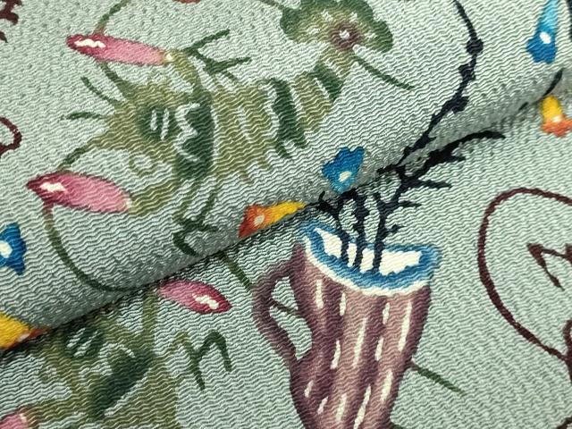 平和屋本店●最高級　城間栄順　本場琉球紅型　九寸名古屋帯　花籠に海老　豆がら茶色地　鬼しぼ縮緬　逸品　DZAC0150kh6