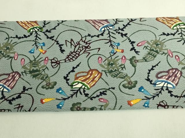 平和屋本店●最高級　城間栄順　本場琉球紅型　九寸名古屋帯　花籠に海老　豆がら茶色地　鬼しぼ縮緬　逸品　DZAC0150kh6