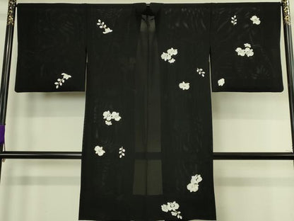 平和屋本店∞極上　長羽織　スリーシーズン　春夏秋　塵除け　総刺繍　絽　胡蝶蘭　黒地　金糸　逸品　DZAC0163kh6