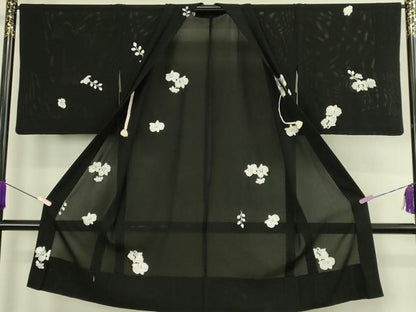 平和屋本店∞極上　長羽織　スリーシーズン　春夏秋　塵除け　総刺繍　絽　胡蝶蘭　黒地　金糸　逸品　DZAC0163kh6