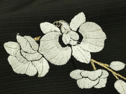 平和屋本店∞極上　長羽織　スリーシーズン　春夏秋　塵除け　総刺繍　絽　胡蝶蘭　黒地　金糸　逸品　DZAC0163kh6
