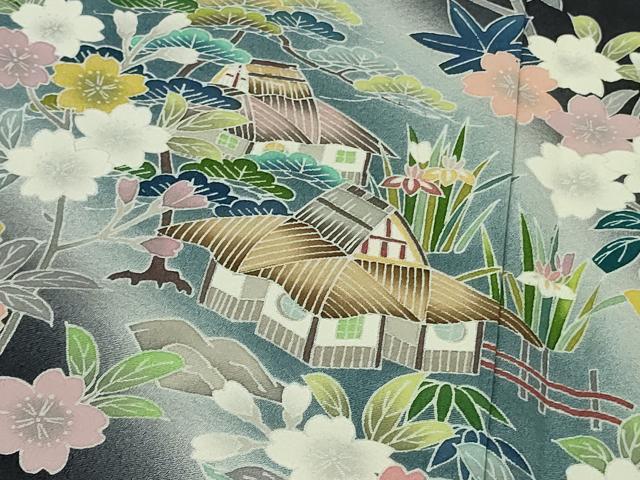 平和屋本店●極上　訪問着　友禅　風景松文　藍鉄色地　暈し染め　逸品　DZAC0207kh6