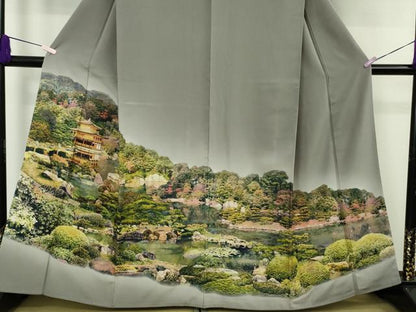 平和屋本店●極上　中国国宝刺繍　乱針刺繍　色留袖　総手刺繍　京都　金閣寺　灰色地　鈴乃屋扱い　逸品　DZAC0209kh6