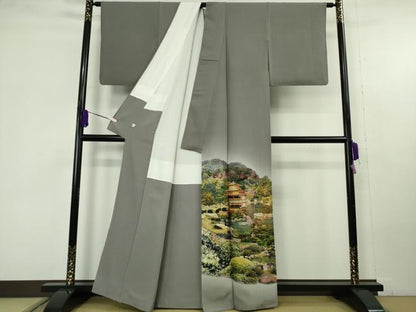 平和屋本店●極上　中国国宝刺繍　乱針刺繍　色留袖　総手刺繍　京都　金閣寺　灰色地　鈴乃屋扱い　逸品　DZAC0209kh6