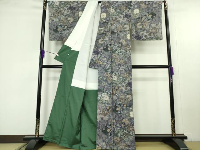 平和屋本店●極上　山岡古都・古都染人　染織美術品　薬墨染　天目織　お召　草花文　逸品　DZAC0211kh6
