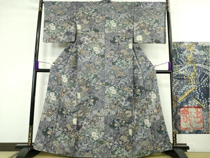 平和屋本店●極上　山岡古都・古都染人　染織美術品　薬墨染　天目織　お召　草花文　逸品　DZAC0211kh6