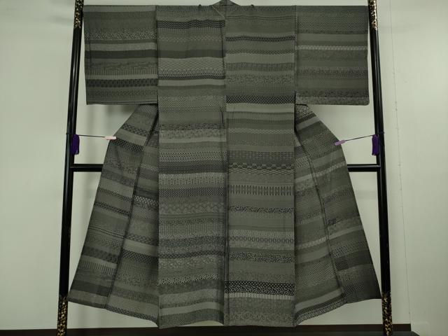 平和屋本店▽極上　男性　お召　単衣　百柄　黒地　逸品　DZAC0213kh6