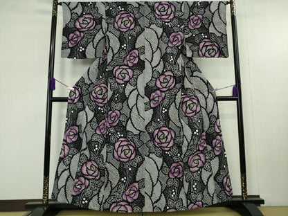 平和屋本店∴極上　夏物　浴衣　有松鳴海絞り　薔薇　バラ　黒地　綿　逸品　DZAC0215kh6