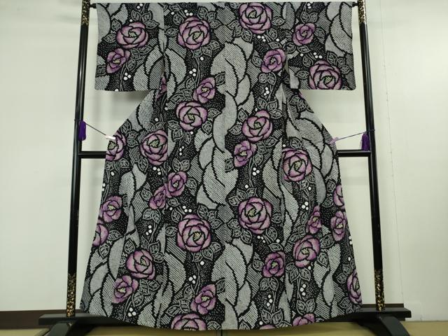 平和屋本店∴極上　夏物　浴衣　有松鳴海絞り　薔薇　バラ　黒地　綿　逸品　DZAC0215kh6