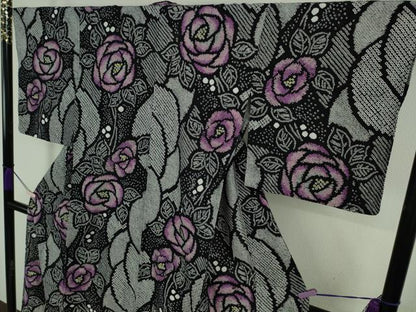 平和屋本店∴極上　夏物　浴衣　有松鳴海絞り　薔薇　バラ　黒地　綿　逸品　DZAC0215kh6