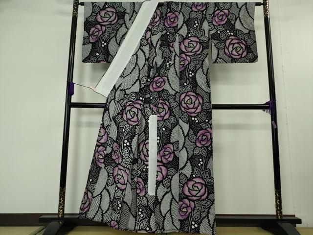 平和屋本店∴極上　夏物　浴衣　有松鳴海絞り　薔薇　バラ　黒地　綿　逸品　DZAC0215kh6
