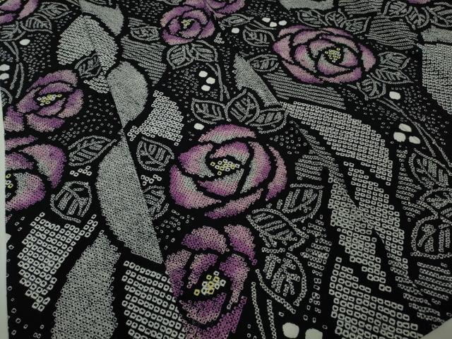 平和屋本店∴極上　夏物　浴衣　有松鳴海絞り　薔薇　バラ　黒地　綿　逸品　DZAC0215kh6