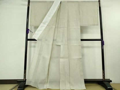 平和屋本店＊極上　夏物　本場小千谷ちぢみ　麻　縞　砂色地　逸品　DZAC0219kh6