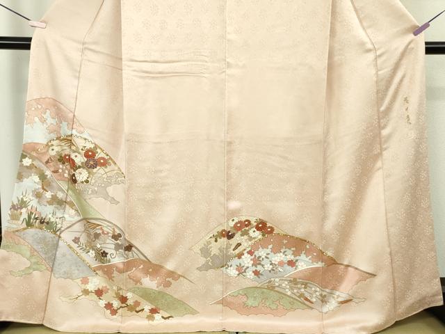 平和屋本店●極上　皇室献上作家　藤井寛　訪問着　駒刺繍　重ね山花文　洗柿色地　金彩　逸品　DZAC0230kh6