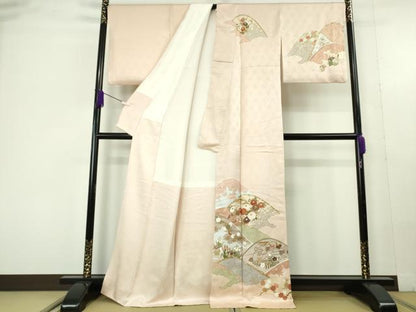 平和屋本店●極上　皇室献上作家　藤井寛　訪問着　駒刺繍　重ね山花文　洗柿色地　金彩　逸品　DZAC0230kh6