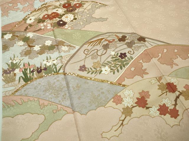 平和屋本店●極上　皇室献上作家　藤井寛　訪問着　駒刺繍　重ね山花文　洗柿色地　金彩　逸品　DZAC0230kh6