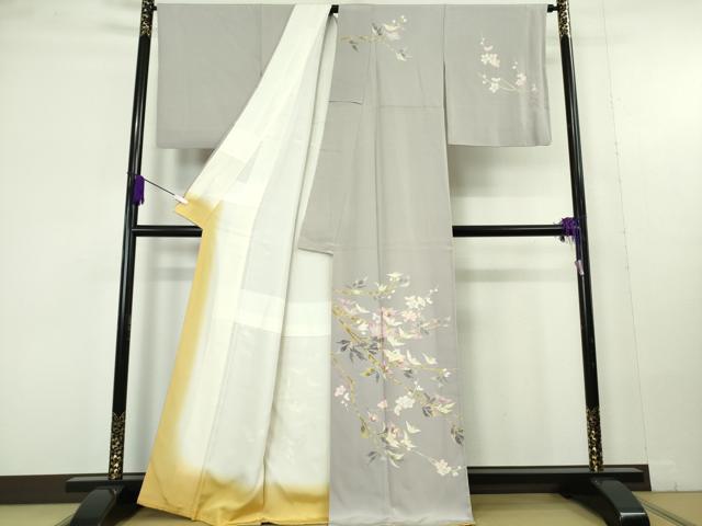 平和屋本店●極上　京加賀友禅　百貫石峰 　訪問着　枝花文　薄色地　反端付き　逸品　DZAC0237kh6