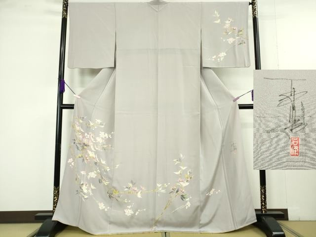 平和屋本店●極上　京加賀友禅　百貫石峰 　訪問着　枝花文　薄色地　反端付き　逸品　DZAC0237kh6