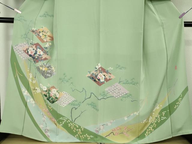 平和屋本店●極上　十日町友禅作家　岡村蒼風　訪問着　吉祥花文　若葉色地　逸品　DZAC0239kh6