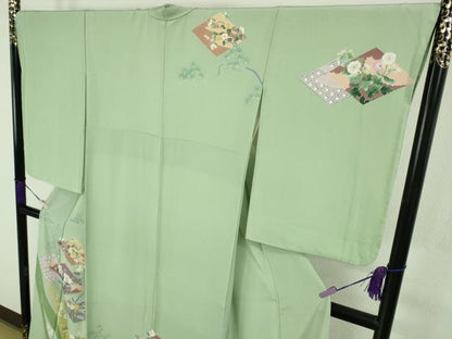 平和屋本店●極上　十日町友禅作家　岡村蒼風　訪問着　吉祥花文　若葉色地　逸品　DZAC0239kh6