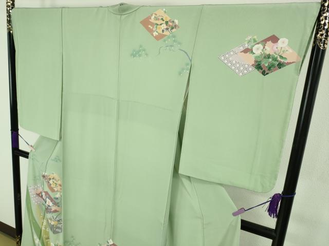 平和屋本店●極上　十日町友禅作家　岡村蒼風　訪問着　吉祥花文　若葉色地　逸品　DZAC0239kh6