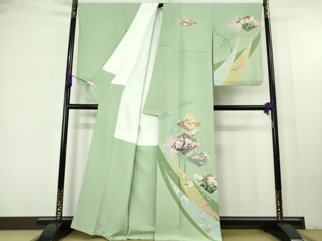 平和屋本店●極上　十日町友禅作家　岡村蒼風　訪問着　吉祥花文　若葉色地　逸品　DZAC0239kh6