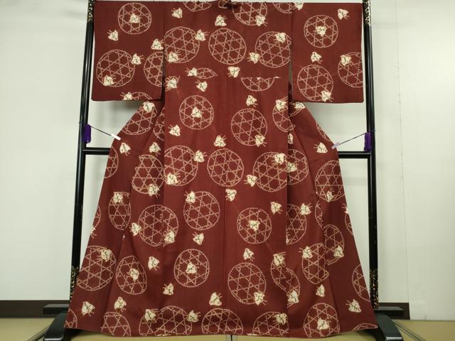 平和屋本店●極上　岩手の匠　草紫堂　南部絞り　茜染　紬　千鳥　正絹　逸品　DZAC0248kh6