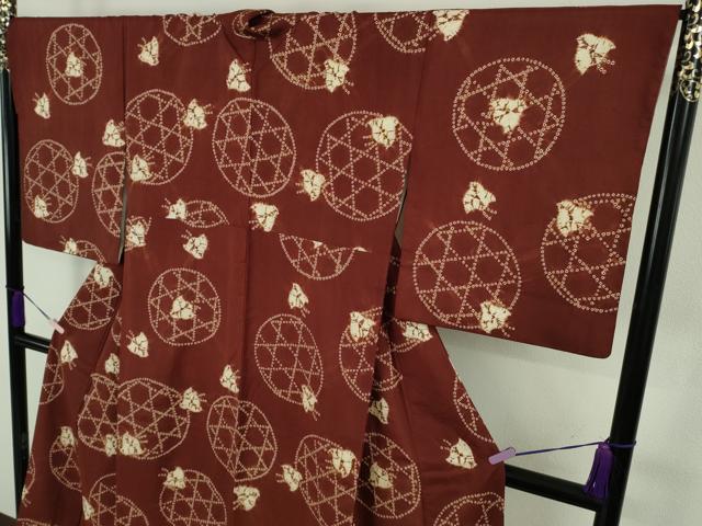 平和屋本店●極上　岩手の匠　草紫堂　南部絞り　茜染　紬　千鳥　正絹　逸品　DZAC0248kh6