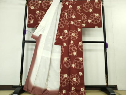 平和屋本店●極上　岩手の匠　草紫堂　南部絞り　茜染　紬　千鳥　正絹　逸品　DZAC0248kh6