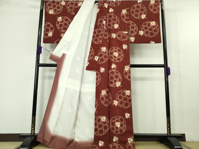 平和屋本店●極上　岩手の匠　草紫堂　南部絞り　茜染　紬　千鳥　正絹　逸品　DZAC0248kh6