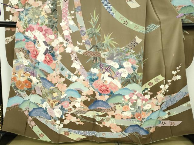 平和屋本店●極上　十日町　加賀草木友禅の第一人者　田村哲彦　振袖　鬘帯飛鶴花鳥松文　暈し染め　逸品　DZAC0270kh6
