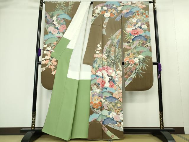 平和屋本店●極上　十日町　加賀草木友禅の第一人者　田村哲彦　振袖　鬘帯飛鶴花鳥松文　暈し染め　逸品　DZAC0270kh6